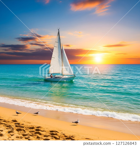 Yacht sailing against sunset. Holiday lifestyle landscape with skyline sailboat and seagulls. Yachting tourism - maritime evening walk. Romantic trip on sailboat during the sea sunset. 127126843