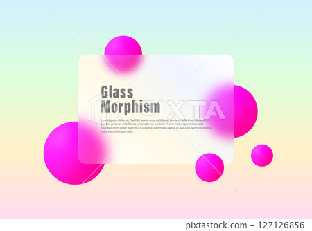 Glass morphism rectangle with magenta spheres on pastel rainbow gradient 127126856