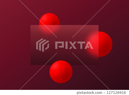 Glass morphism rectangle with blur effect on burgundy background and vibrant red spheres, modern abstract composition. Glass morphism rectangle with blur effect on burgundy background and vibrant red spheres, modern abstract composition. 127126916