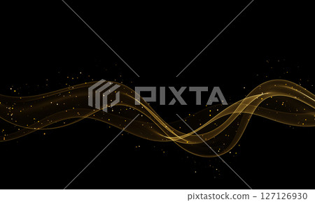 Elegant golden abstract wave on black background with glowing particles, smooth flowing lines. 127126930