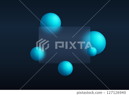 Transparent material partition with glowing floating spheres on dark background. Landing page of the site in the style of glass morphism. Transparent material partition with glowing floating spheres on dark background. Landing page of the site in the style of glass morphism. 127126940