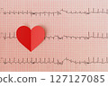Heartbeat line with red heart shape on red grid background. 127127085