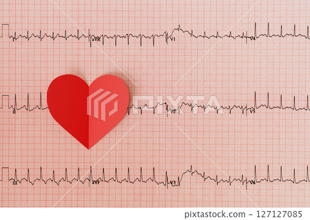 Heartbeat line with red heart shape on red grid background. Heartbeat line with red heart shape on red grid background. 127127085