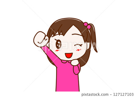 (Front view of upper body) A girl winks with a smile, raising one hand and saying "Yay!" 127127103