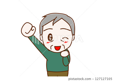(Front view of upper body) An elderly man raising one hand and winking with a smile 127127105