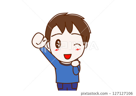 (Front view of upper body) A boy winking with a smile and raising one hand in a "Yay!" gesture 127127106