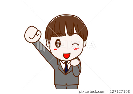 (Front view of upper body) A male student raising one hand and winking with a smile, saying "Yay!" 127127108