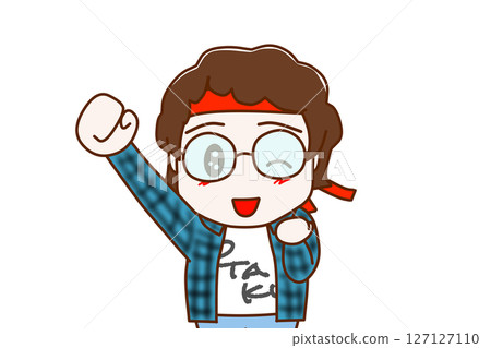 (Front view of upper body) A geek wearing glasses winks with a smile, raising one hand and saying "Yay!" (Front view of upper body) A geek wearing glasses winks with a smile, raising one hand and saying "Yay!" 127127110