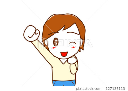 (Front view of upper body) A Caucasian man raising one hand and winking with a smile (Front view of upper body) A Caucasian man raising one hand and winking with a smile 127127113