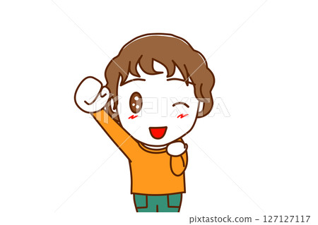 (Front view of upper body) A Caucasian boy raising one hand and winking with a smile (Front view of upper body) A Caucasian boy raising one hand and winking with a smile 127127117