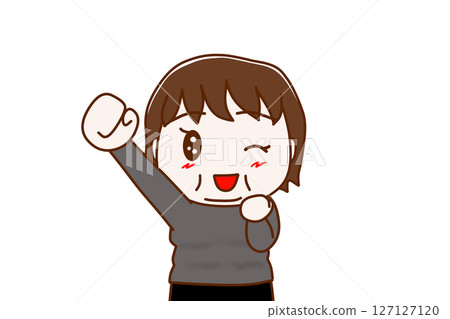 (Front view of upper body) A fat woman raising one hand and winking with a smile 127127120