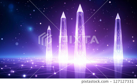 Crystal monuments enveloped in purple light 127127331