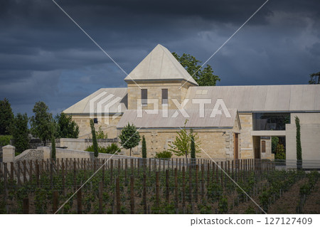 Springtime at Chateau Belair-Monnange in Saint-Emilion showcases Bordeaux vineyard under dramatic 127127409