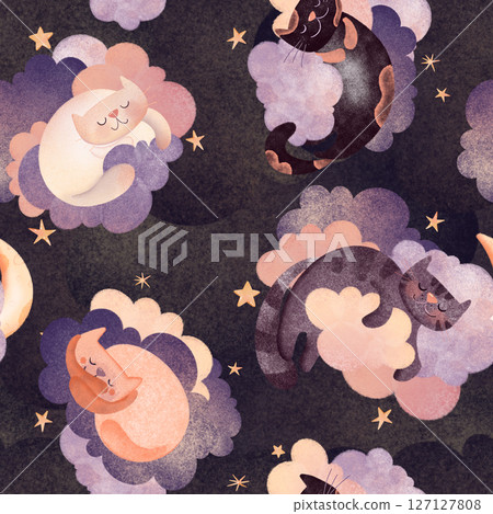Seamless pattern digital illustration of cute cats sleeping on clouds with stars, pillows on dark textured background. Perfect for children's books, nursery decor, or fabric patterns, for whimsical Seamless pattern digital illustration of cute cats sleeping on clouds with stars, pillows on dark textured background. Perfect for children's books, nursery decor, or fabric patterns, for whimsical 127127808