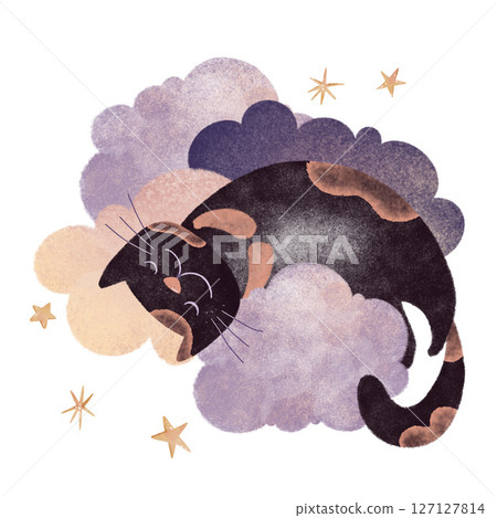 Hand-drawn digital illustration of a cute black cat sleeping on dreamy clouds with stars. Watercolor texture, perfect for children's books, nursery decor, or greeting cards. Raster graphic, ideal for Hand-drawn digital illustration of a cute black cat sleeping on dreamy clouds with stars. Watercolor texture, perfect for children's books, nursery decor, or greeting cards. Raster graphic, ideal for 127127814