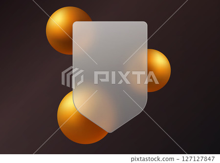 Dark shield with golden spheres for data protection, glass morphism style image. 127127847