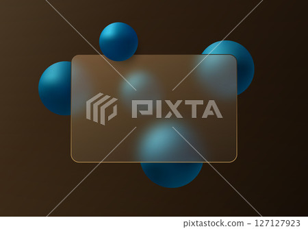 Dark brown background in glass morphism style with blue spheres. 127127923