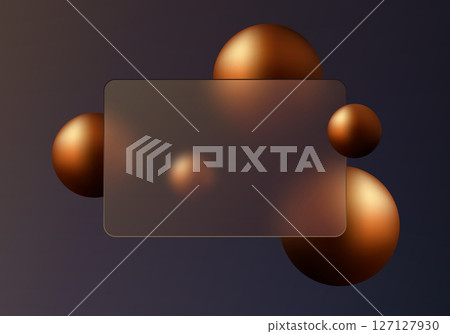 Dark background in glass morphism style with bronze metal spheres. Dark background in glass morphism style with bronze metal spheres. 127127930