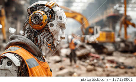 Humanoid robot construction site orange vest machinery futuristic industrial technology worker metal artificial intelligence 127128061