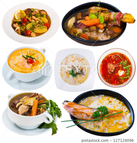 Collage of soups isolated on white 127128096