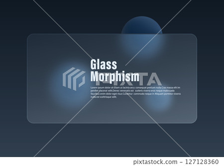 Modern dark glassmorphism UI mockup with matte panel and muted blue 3D spheres on gradient background 127128360