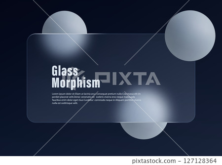 Dark glassmorphism banner with frosted panel and spheres 127128364