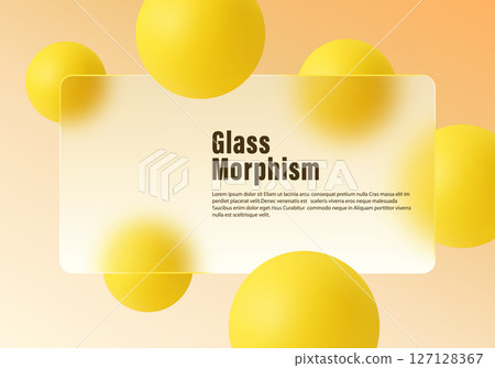 Trendy glassmorphism layout with frosted white panel and vibrant yellow 3D spheres on warm peach background, ideal for digital design or UI Trendy glassmorphism layout with frosted white panel and vibrant yellow 3D spheres on warm peach background, ideal for digital design or UI 127128367