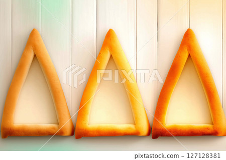 Triangle-cut sandwich breads arranged in minimalist style on a clean white surface. Concept of culinary arts, food service, bakery. Ideal for cafes, restaurants, catering. 127128381