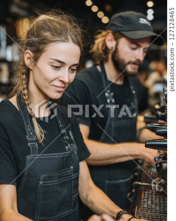 Baristas working together in a bustling cafe with stylish uniforms 127128465