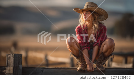 Beautiful cowgirl enjoying sunset on the ranch while resting on a fence 127128492