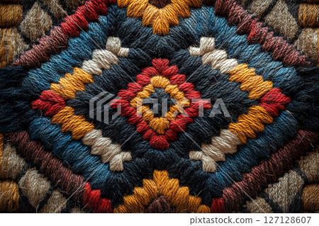 Handwoven rug texture with geometric print on a white background. Top view. 127128607