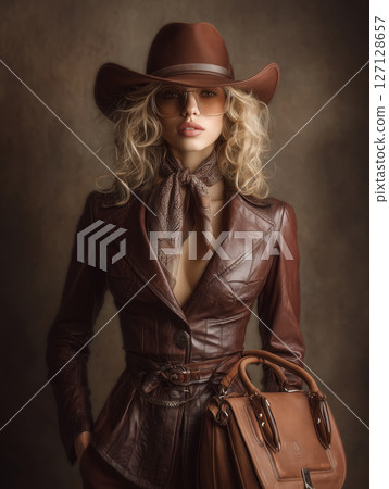 Elegant woman showcases vintage cowboy style in sophisticated fashion shoot 127128657