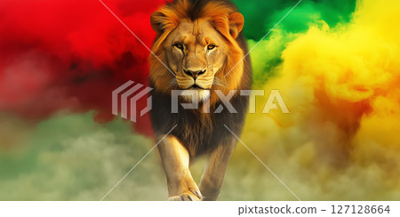 Majestic Lion walking through a  smoke cloud  127128664