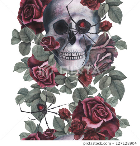 Seamless pattern Scull, dark roses with black spider, cobweb isolated on white background. Watercolor hand drawn illustration. Art design mystical graphics Halloween witch fabric, wallpaper decoration Seamless pattern Scull, dark roses with black spider, cobweb isolated on white background. Watercolor hand drawn illustration. Art design mystical graphics Halloween witch fabric, wallpaper decoration 127128904
