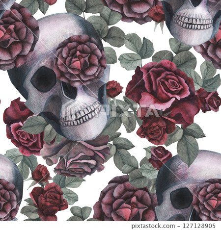 Seamless pattern Scull and dark roses flowers and leaves isolated on white background. Watercolor hand drawn illustration. Art design mystical graphics Halloween witch fabric and textile decoration Seamless pattern Scull and dark roses flowers and leaves isolated on white background. Watercolor hand drawn illustration. Art design mystical graphics Halloween witch fabric and textile decoration 127128905