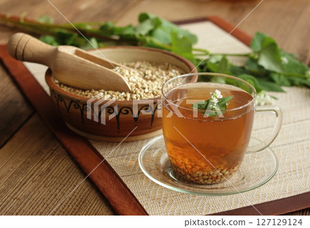 Herbal tea made from buckwheat seed, lat. Fagopyrum esculentum, fresh flowering plant next to it. 127129124