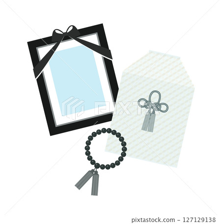 An illustration of a funeral featuring a memorial portrait, bone box, and rosary. 127129138