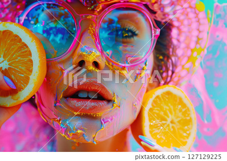 summer collage fluorescent colors. woman close up sunbathing  127129225