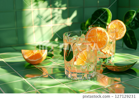 Lemonade in a crystal glass with lemon slices and mint leafs on a green tile bar counter. Hard light and shadows. 127129231