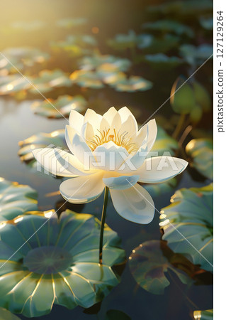 white lotos flower in pond, symbol of wesak day. 3d illustration 127129264