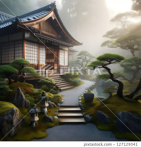 Traditional Japanese Zen Garden with Wooden House in Tranquil Setting. Ideal for concepts related to meditation, mindfulness 127129341