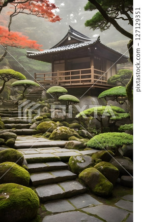 Traditional Japanese Zen Garden with Wooden House in Tranquil Setting. Ideal for concepts related to meditation, mindfulness Traditional Japanese Zen Garden with Wooden House in Tranquil Setting. Ideal for concepts related to meditation, mindfulness 127129351