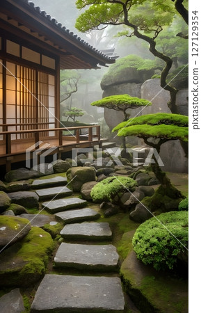Traditional Japanese Zen Garden with Wooden House in Tranquil Setting. Ideal for concepts related to meditation, mindfulness 127129354