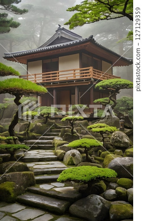 Traditional Japanese Zen Garden with Wooden House in Tranquil Setting. Ideal for concepts related to meditation, mindfulness 127129359