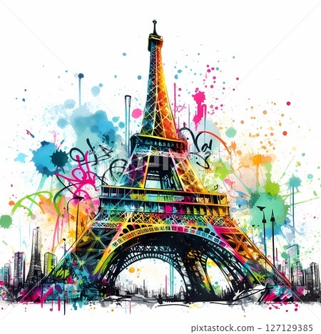 Colorful Eiffel Tower Graffiti Watercolor Art on Isolated Background for T-Shirt Design 127129385