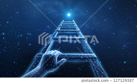 Digital stair with man hand. Career ladder, business growth, success stairs. 127129387