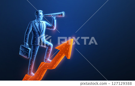 A businessman with telescope. Visionary leader, business opportunity concept, career growth. A businessman with telescope. Visionary leader, business opportunity concept, career growth. 127129388