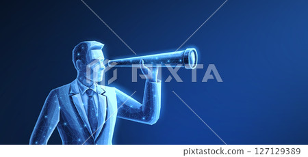 A businessman with telescope. Visionary leader, business opportunity concept, career growth. A businessman with telescope. Visionary leader, business opportunity concept, career growth. 127129389
