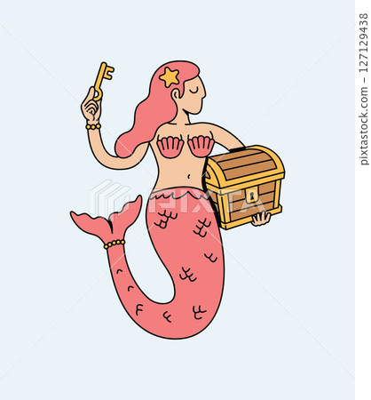 cute mermaid treasure chest retro cartoon illustration 127129438