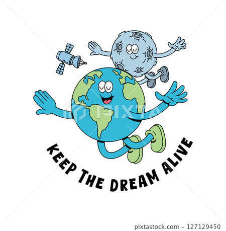 earth and moon together retro cute illustration 127129450
